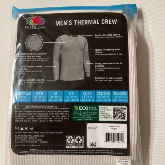 NWT Fruit Of The Loom Mens Thermal Shirt Dual Defense Size Medium White Crew (Z) - Picture 3 of 5